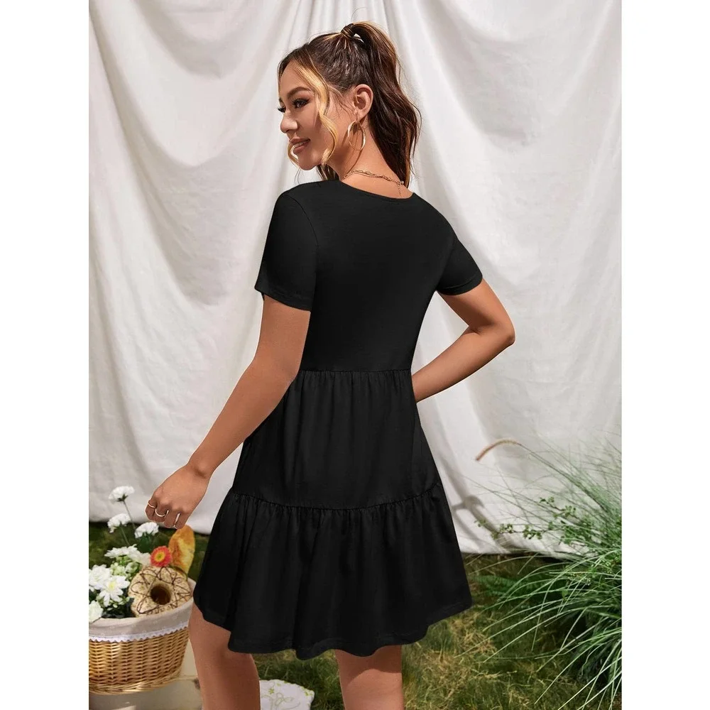 Short sleeve Ruffle Hem boho mini Dress black - Picture 3 of 12